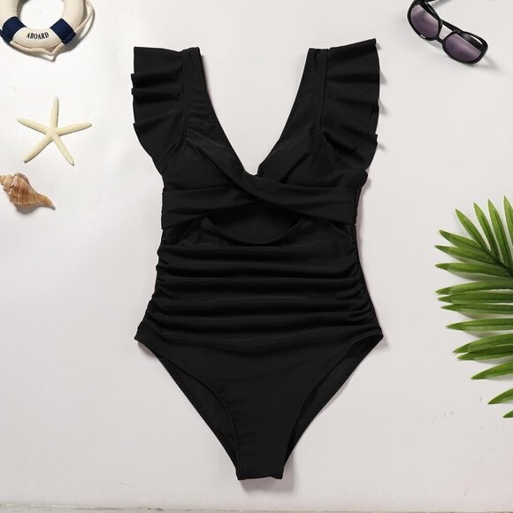 Women Cutout One Piece Swimsuit Ruffle Cross V-Neck Backless Tummy Control Vinta - Picture 3 of 5